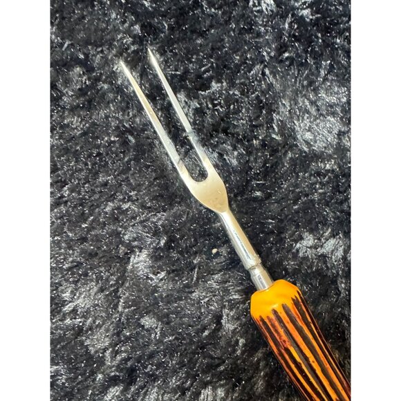 Vintage Butterscotch Bakelight Carving Fork With Orange & Black Striped Handle - Picture 2 of 6